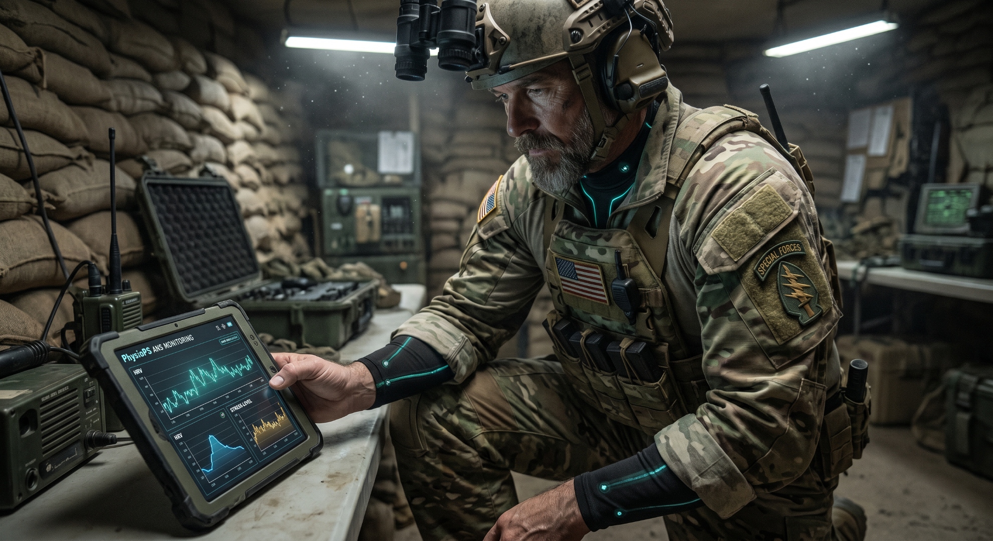 Special Forces operator reviewing PhysioPS ANS monitoring data on a ruggedized tablet inside a sandbagged operations center